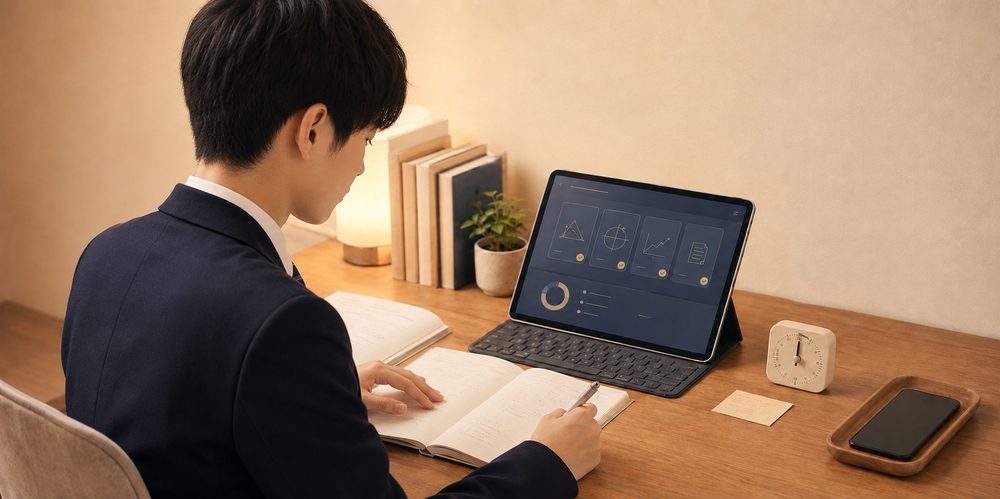 自宅で集中して学習する高校生
